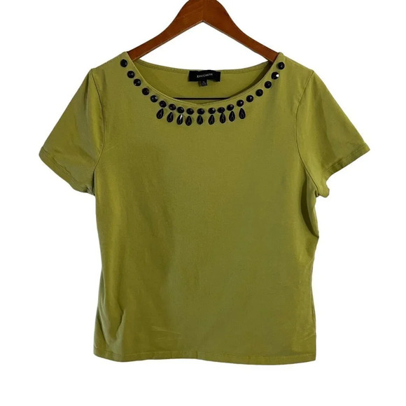 Joans New York Green Beaded Neckline Top Size XL Short Sleeves Stretch Knit - Picture 1 of 8